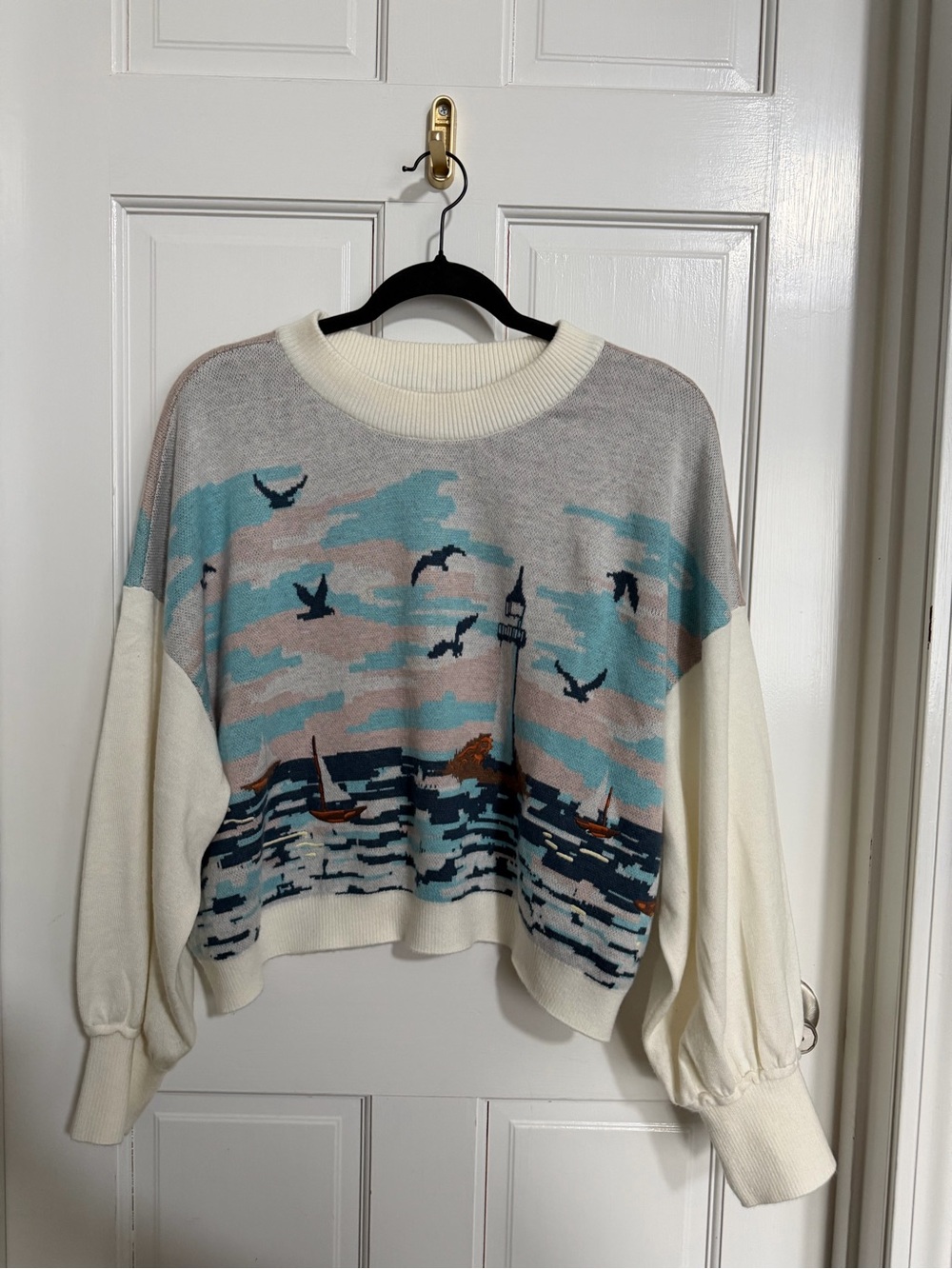 NWOT Anthropologie Maeve Nautical Scene Coastal Lighthouse Cropped Sweater Sz M - Picture 5 of 7